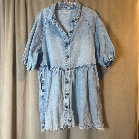 VEVERET‎ Babydoll Peasant Boho Raw Hem Pockets Puff Sleeves Denim Mini Dress M - Picture 2 of 9